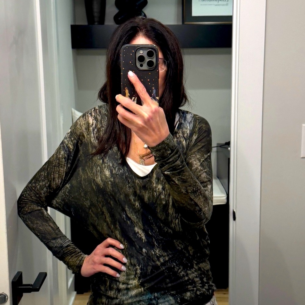 Helmut Lang Shades of Green & Blue Abstract Print Top, Size XS
